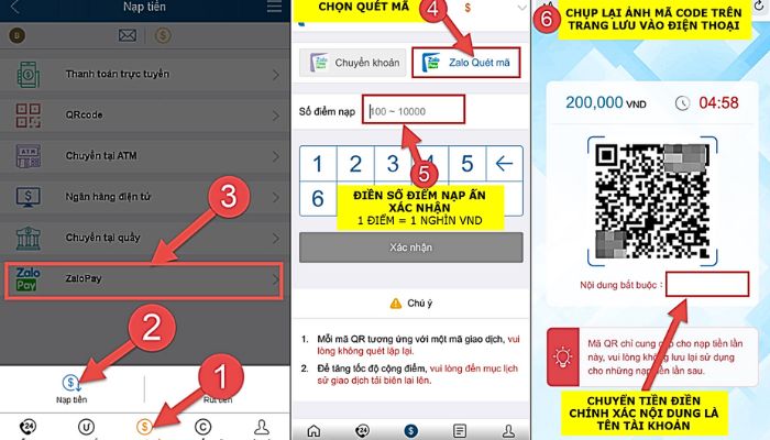 Nạp tiền thông qua phương thức giao dịch bằng ví Zalo Pay